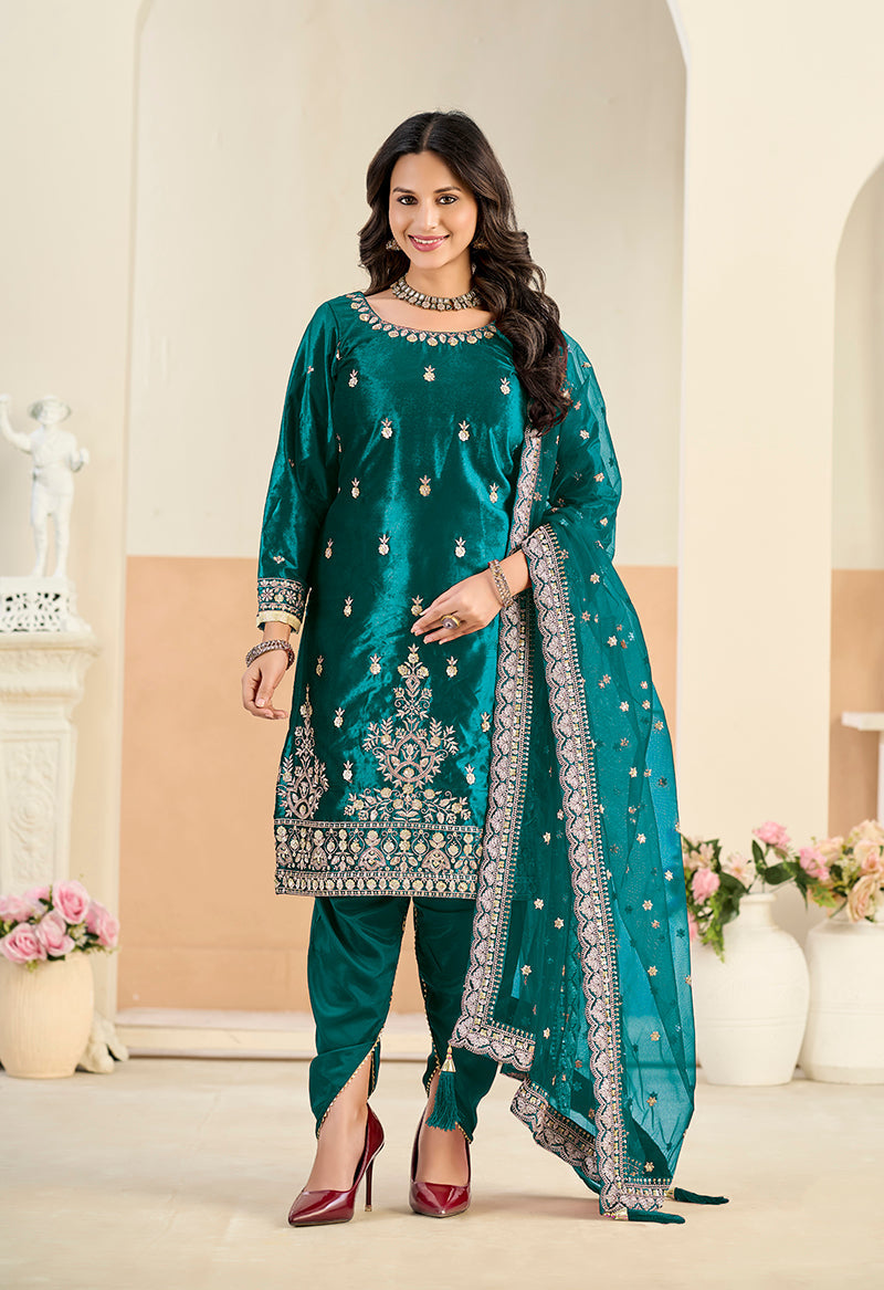Monjolika Fashion Teal Velvet Embroidered Salwar Kameez | Grocsy