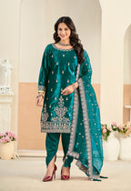 Monjolika Fashion Teal Velvet Embroidered Salwar Kameez | Grocsy