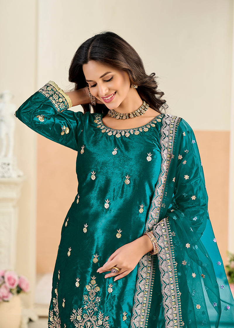 Monjolika Fashion Teal Velvet Embroidered Salwar Kameez | Grocsy