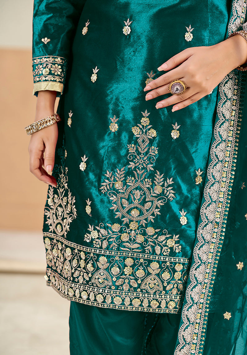 Monjolika Fashion Teal Velvet Embroidered Salwar Kameez | Grocsy