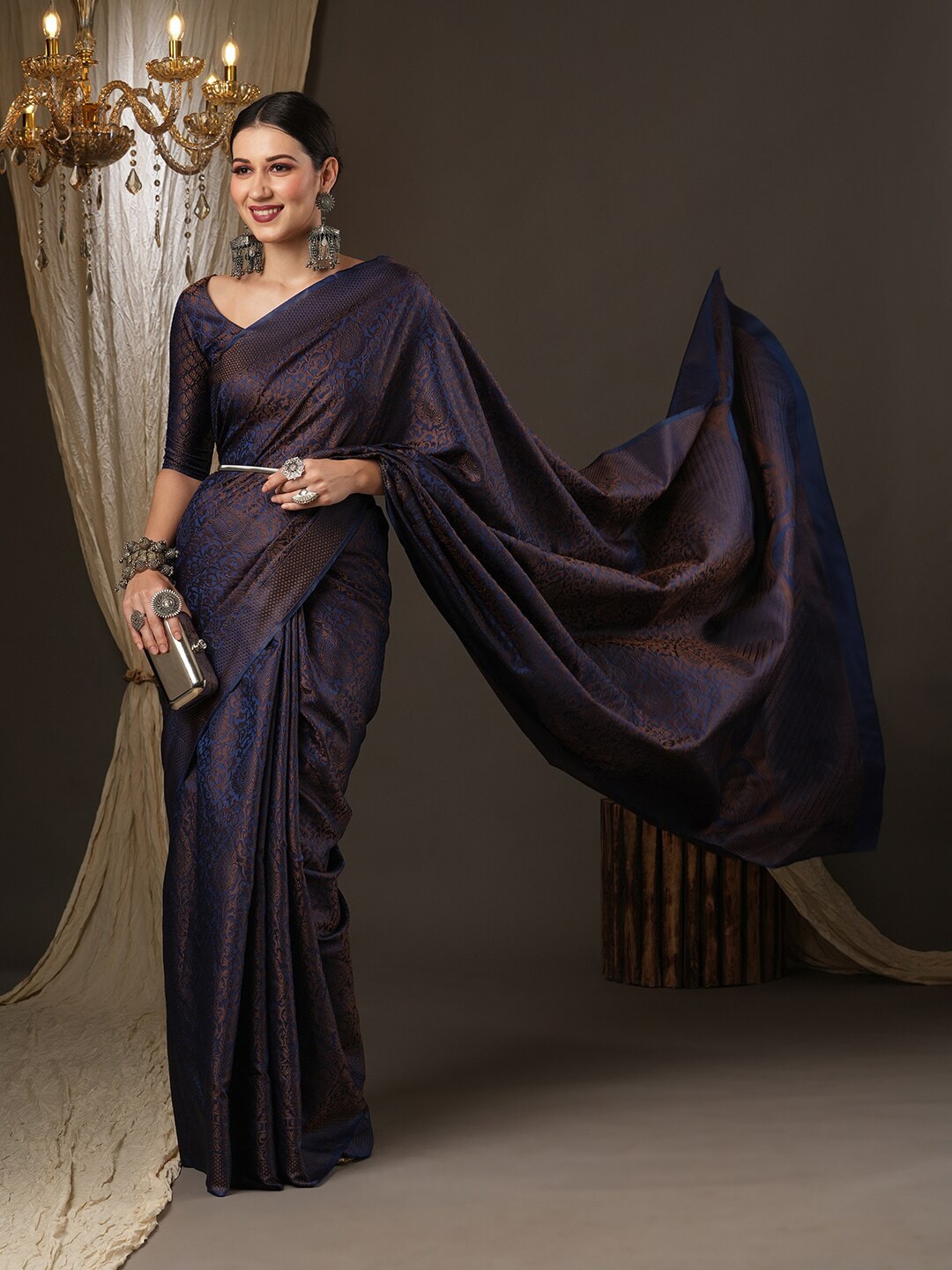 Saree Mall Navy Blue & Gold-Toned Woven Design Zari Silk Blend Banarasi Sarees | Grocsy