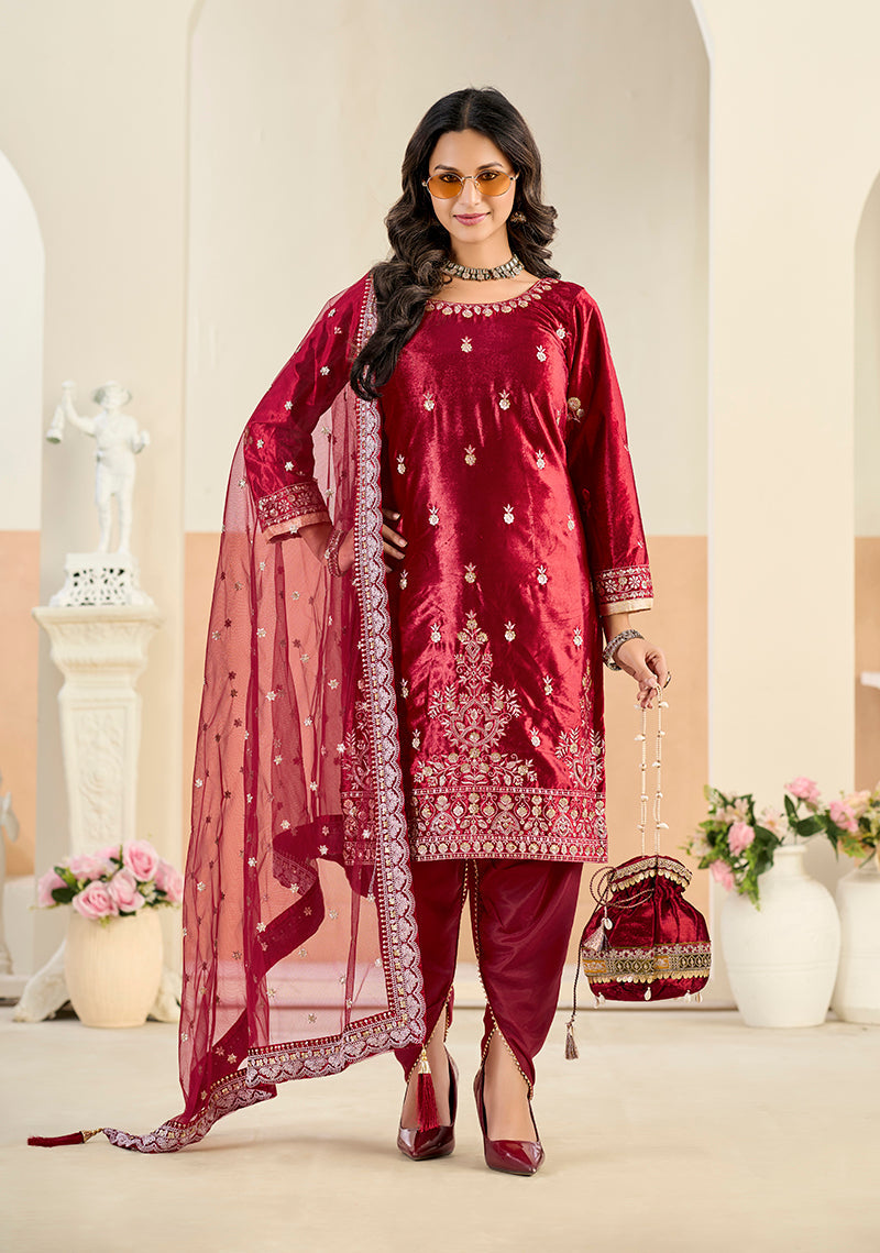 Monjolika Fashion Maroon Velvet Embroidered Salwar Kameez | Grocsy