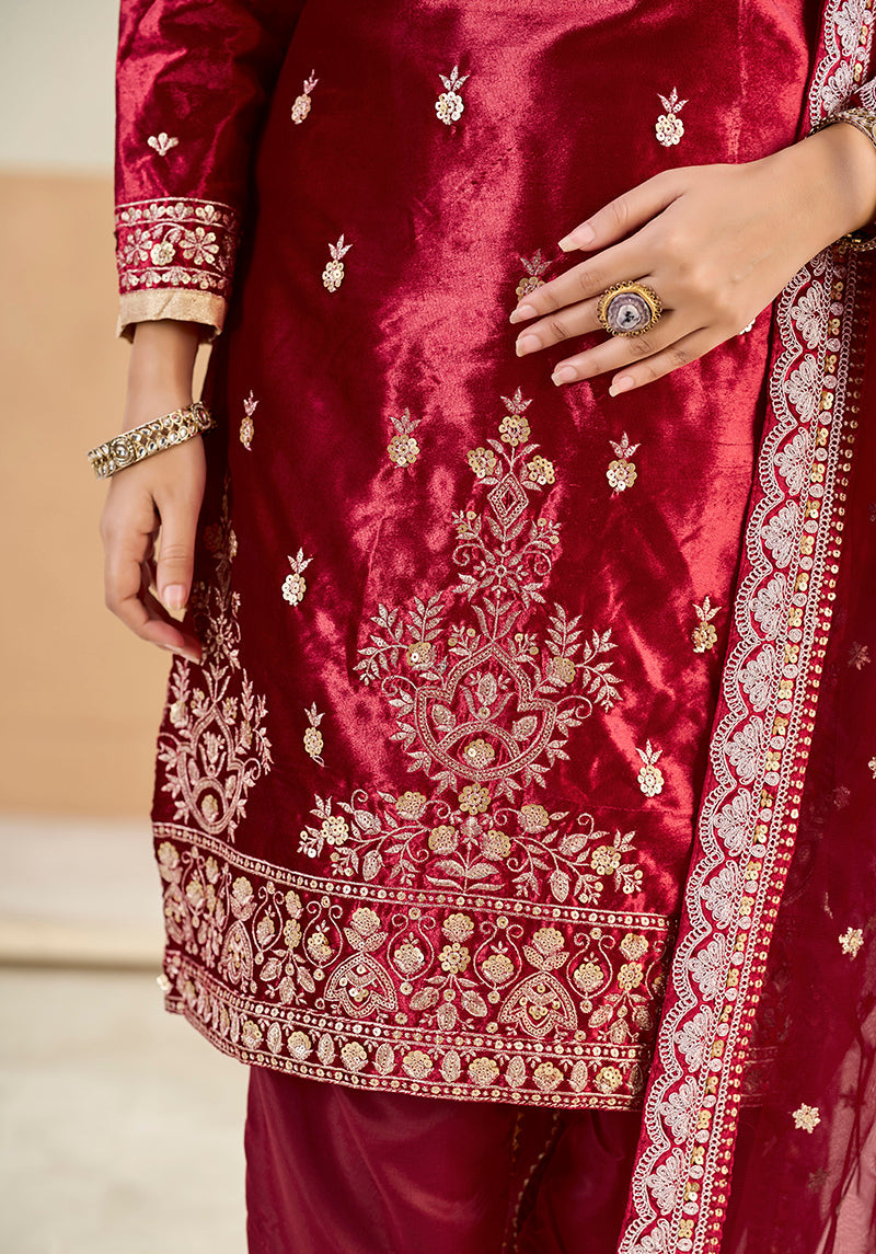 Monjolika Fashion Maroon Velvet Embroidered Salwar Kameez | Grocsy