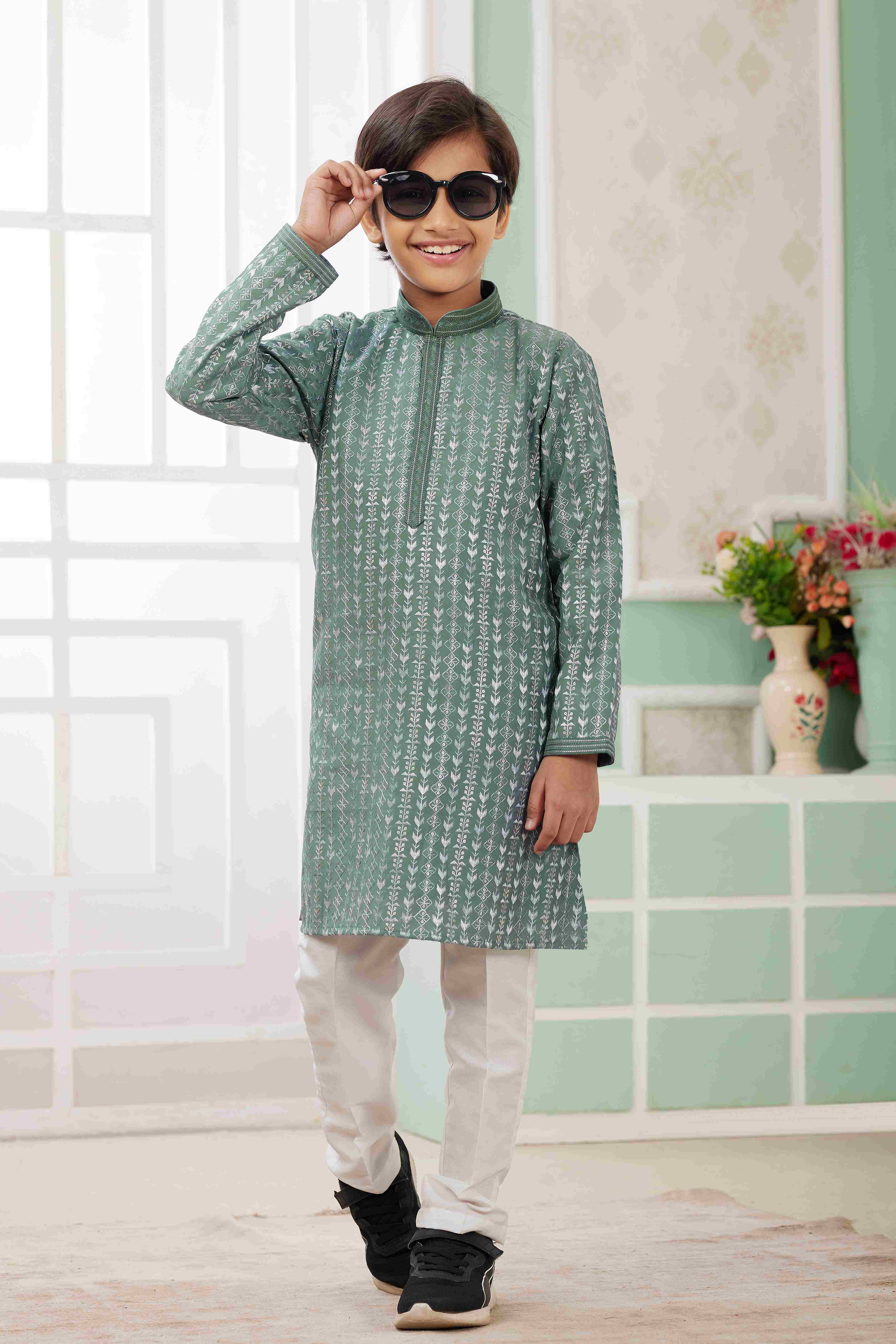 Raivat Ethnic Art Silk Embroidery Work Kids Kurta Pajama In Green Colour | Grocsy