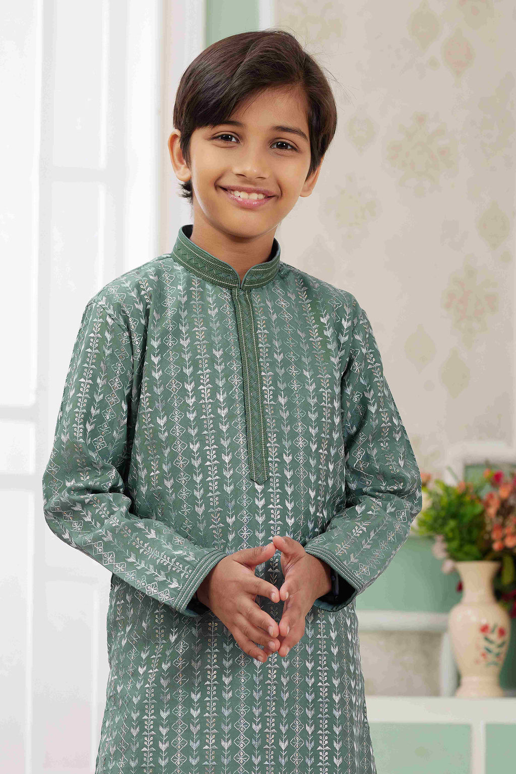 Raivat Ethnic Art Silk Embroidery Work Kids Kurta Pajama In Green Colour | Grocsy