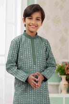 Raivat Ethnic Art Silk Embroidery Work Kids Kurta Pajama In Green Colour | Grocsy