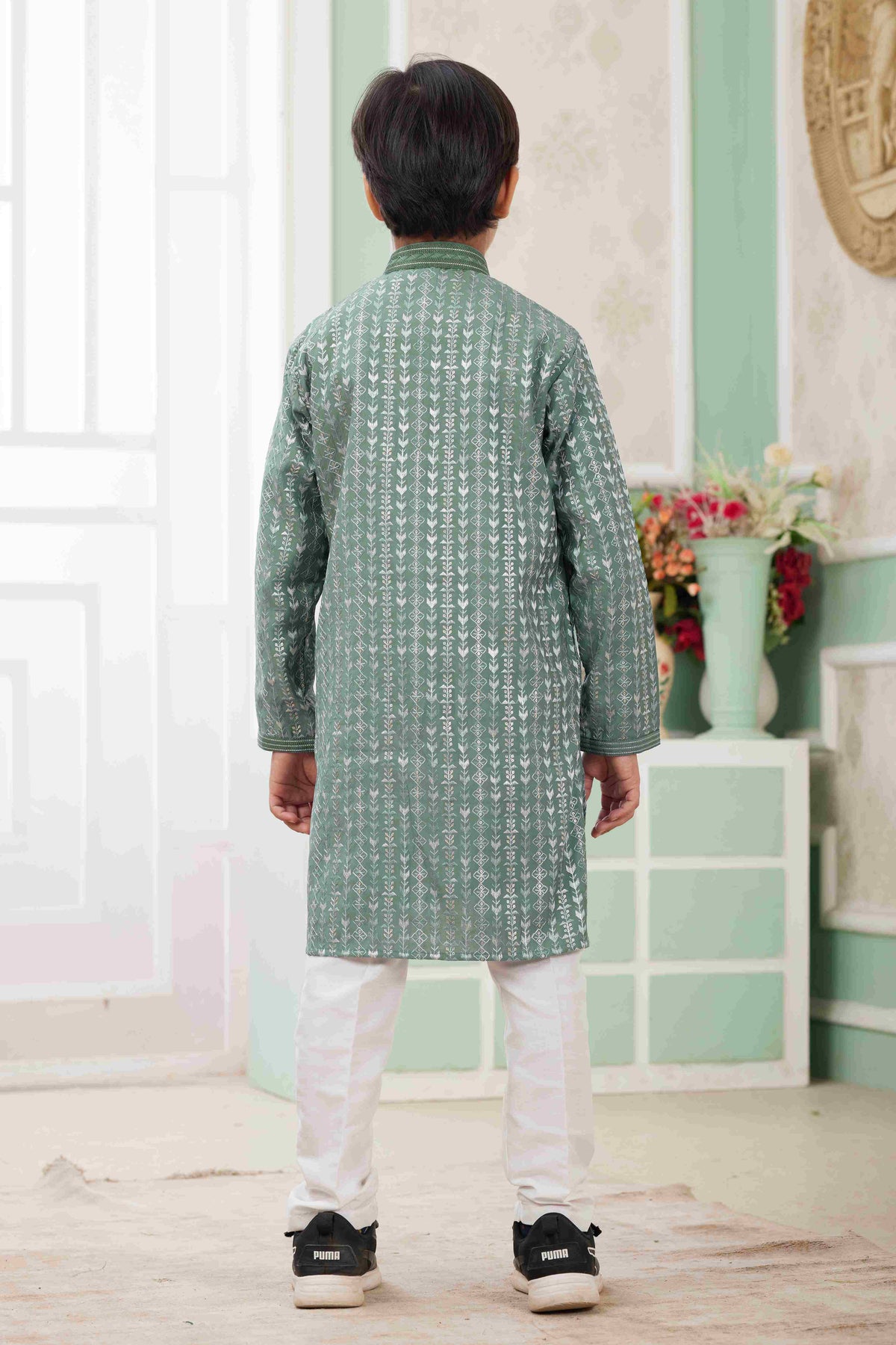 Raivat Ethnic Art Silk Embroidery Work Kids Kurta Pajama In Green Colour | Grocsy