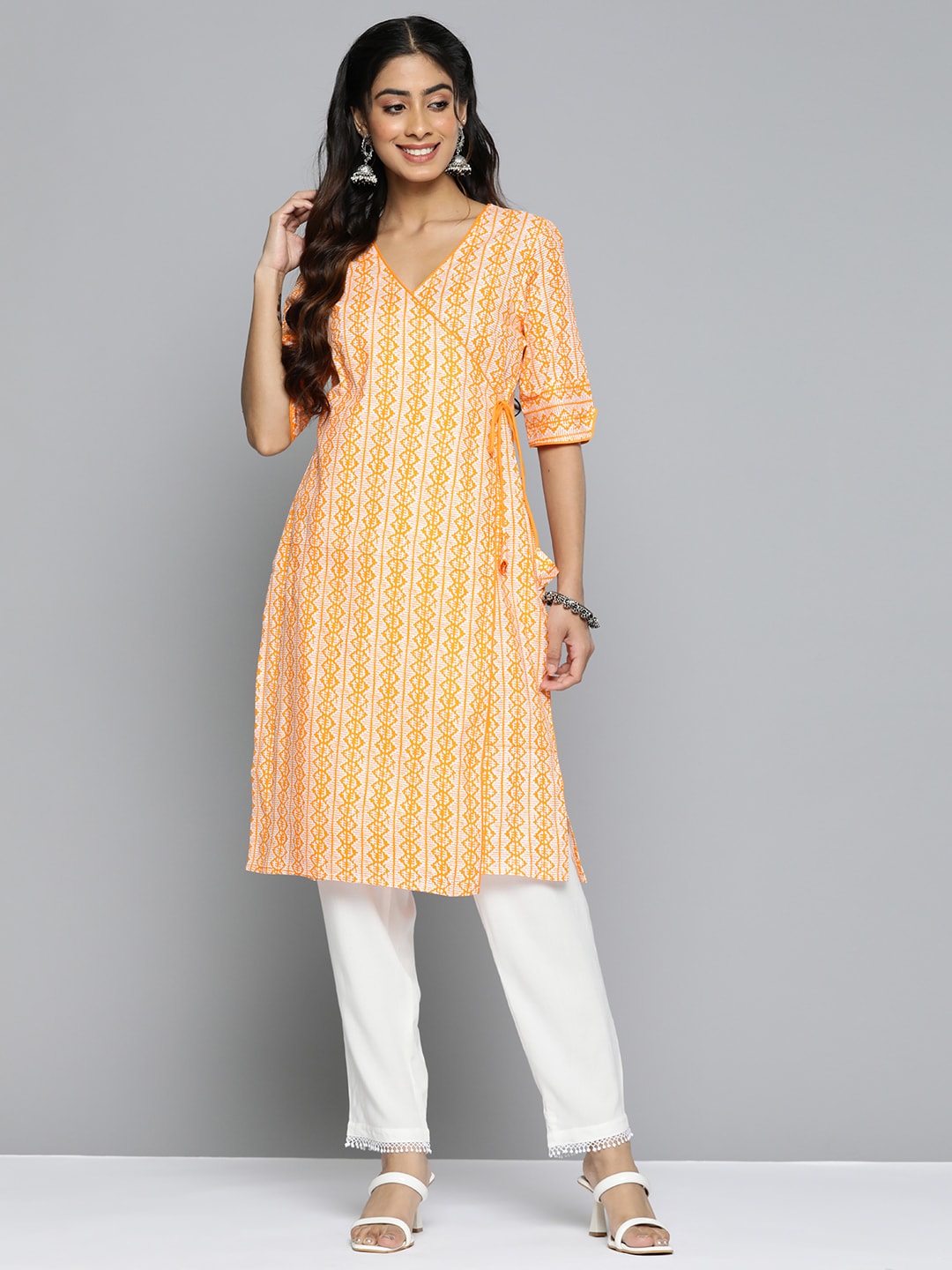 HERE&NOW Ethnic Motifs Printed Straight Angrakha Kurta | Grocsy