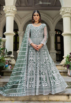 Monjolika Fashion Sea Green Embroidered Net Gown with Dupatta | Grocsy