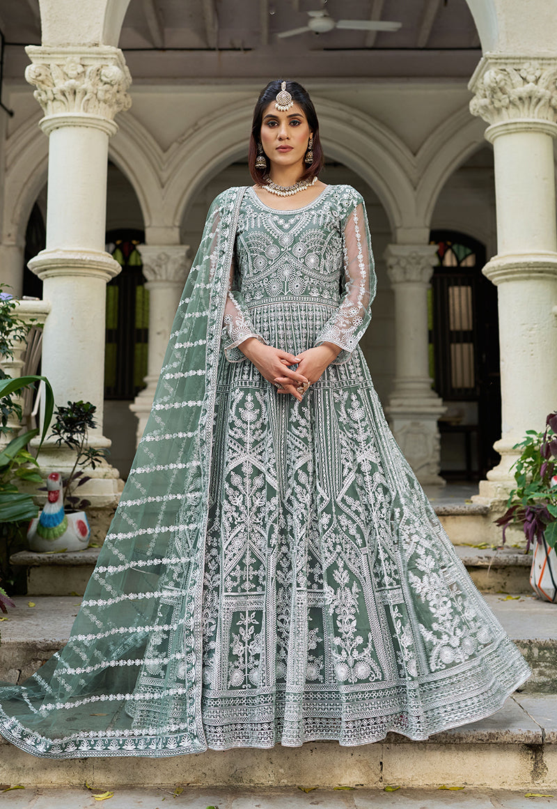 Monjolika Fashion Sea Green Embroidered Net Gown with Dupatta | Grocsy