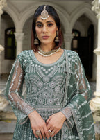Monjolika Fashion Sea Green Embroidered Net Gown with Dupatta | Grocsy
