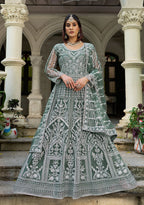Monjolika Fashion Sea Green Embroidered Net Gown with Dupatta | Grocsy