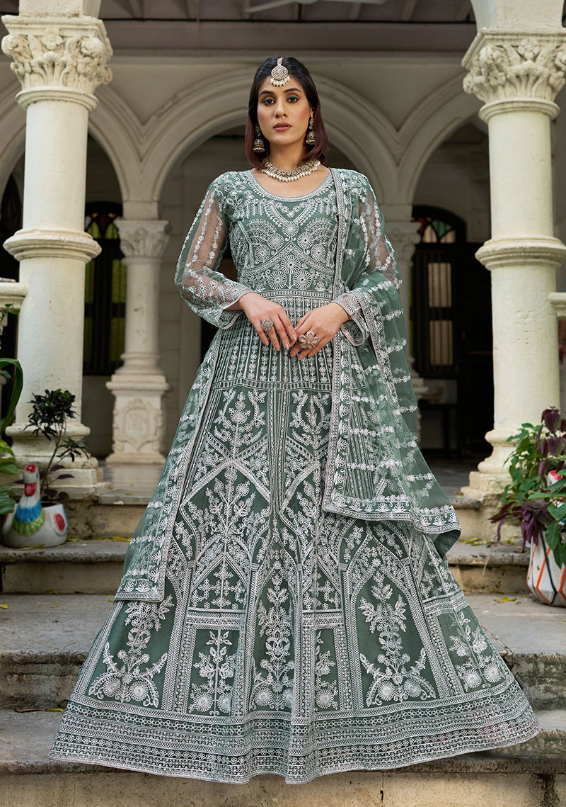Monjolika Fashion Sea Green Embroidered Net Gown with Dupatta | Grocsy