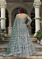 Monjolika Fashion Sea Green Embroidered Net Gown with Dupatta | Grocsy