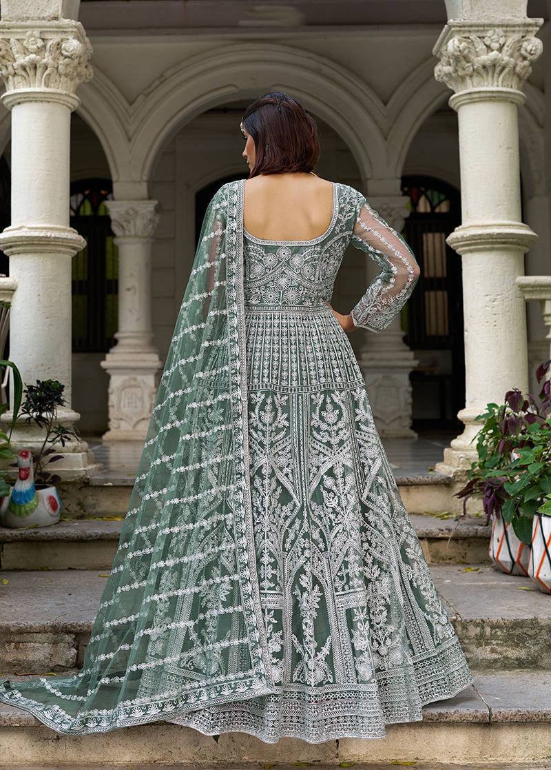 Monjolika Fashion Sea Green Embroidered Net Gown with Dupatta | Grocsy