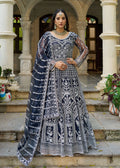 Monjolika Fashion Navy Blue Embroidered Net Gown with Dupatta | Grocsy