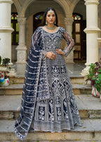 Monjolika Fashion Navy Blue Embroidered Net Gown with Dupatta | Grocsy