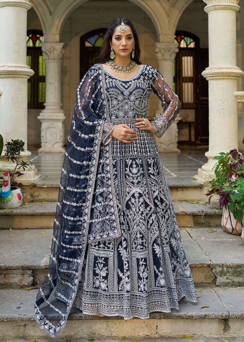 Monjolika Fashion Navy Blue Embroidered Net Gown with Dupatta | Grocsy