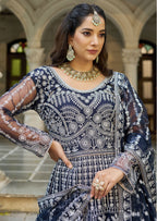 Monjolika Fashion Navy Blue Embroidered Net Gown with Dupatta | Grocsy