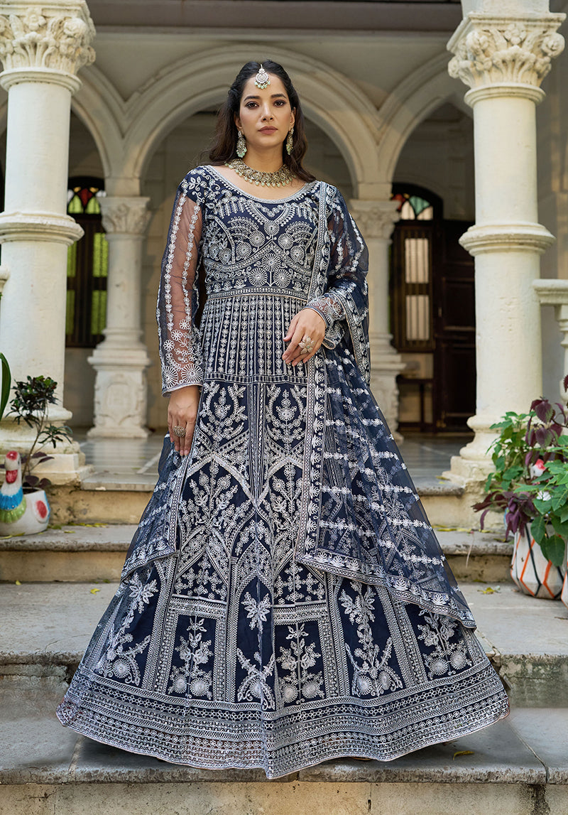 Monjolika Fashion Navy Blue Embroidered Net Gown with Dupatta | Grocsy