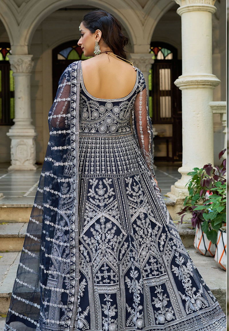 Monjolika Fashion Navy Blue Embroidered Net Gown with Dupatta | Grocsy