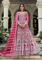 Monjolika Fashion Rani Pink Embroidered Net Gown with Dupatta | Grocsy