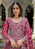 Monjolika Fashion Rani Pink Embroidered Net Gown with Dupatta | Grocsy