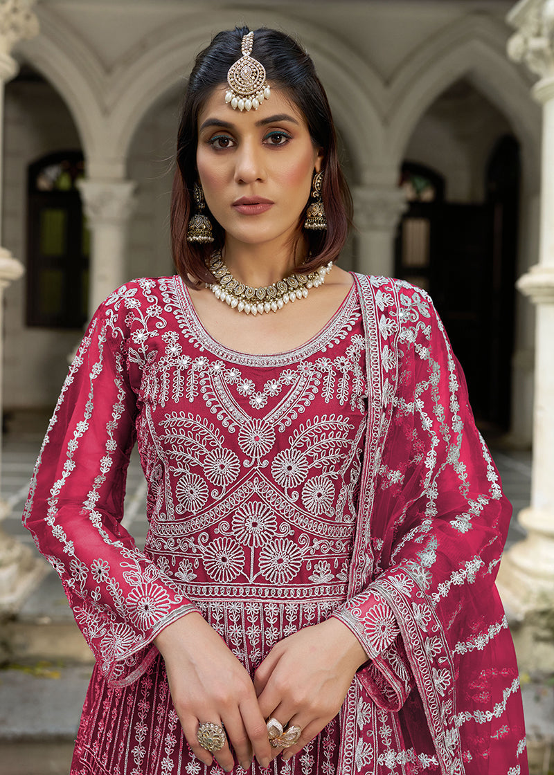 Monjolika Fashion Rani Pink Embroidered Net Gown with Dupatta | Grocsy