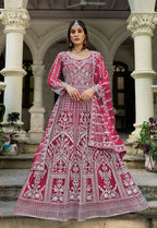 Monjolika Fashion Rani Pink Embroidered Net Gown with Dupatta | Grocsy