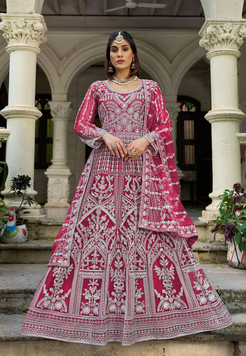 Monjolika Fashion Rani Pink Embroidered Net Gown with Dupatta | Grocsy