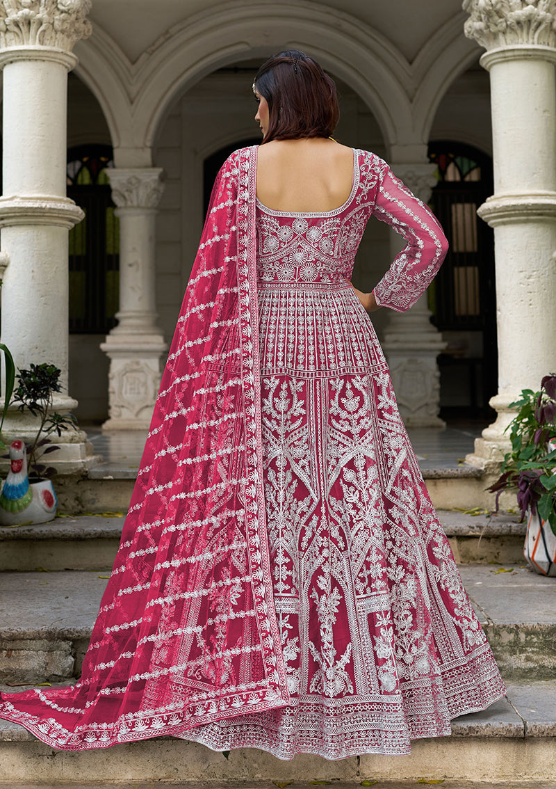 Monjolika Fashion Rani Pink Embroidered Net Gown with Dupatta | Grocsy