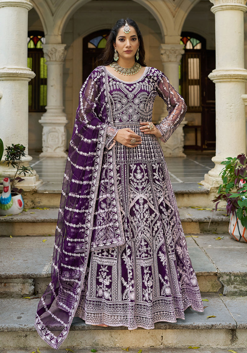 Monjolika Fashion Purple Embroidered Net Gown with Dupatta | Grocsy