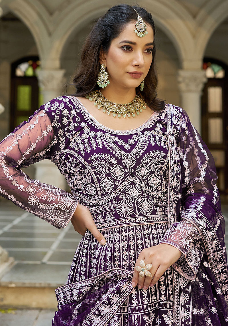 Monjolika Fashion Purple Embroidered Net Gown with Dupatta | Grocsy