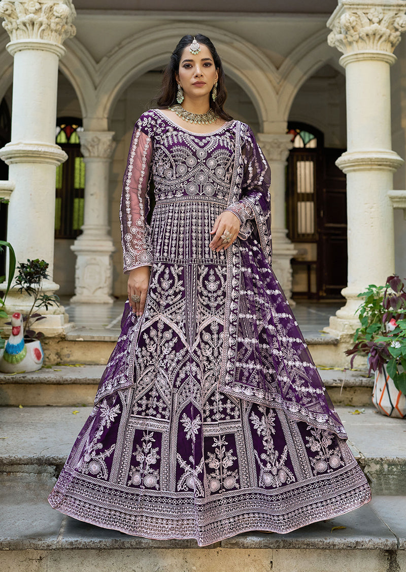 Monjolika Fashion Purple Embroidered Net Gown with Dupatta | Grocsy