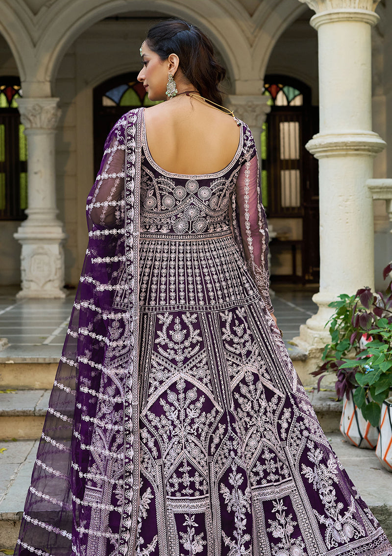 Monjolika Fashion Purple Embroidered Net Gown with Dupatta | Grocsy