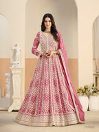 Monjolika Fashion Faux Georgette Embroidered Pink Anarkali Salwar Kameez | Grocsy