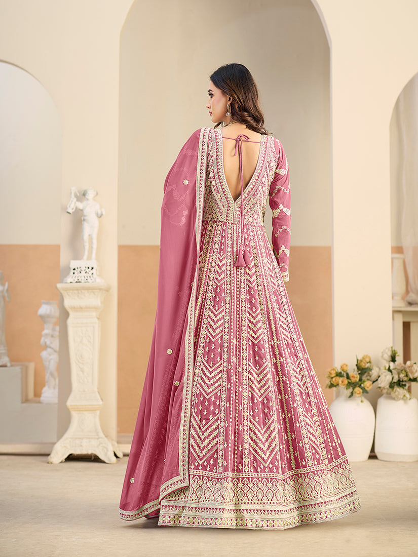 Monjolika Fashion Faux Georgette Embroidered Pink Anarkali Salwar Kameez | Grocsy