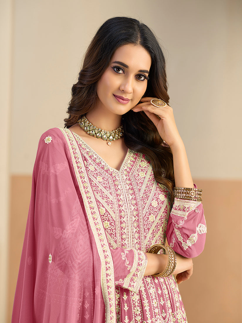 Monjolika Fashion Faux Georgette Embroidered Pink Anarkali Salwar Kameez | Grocsy