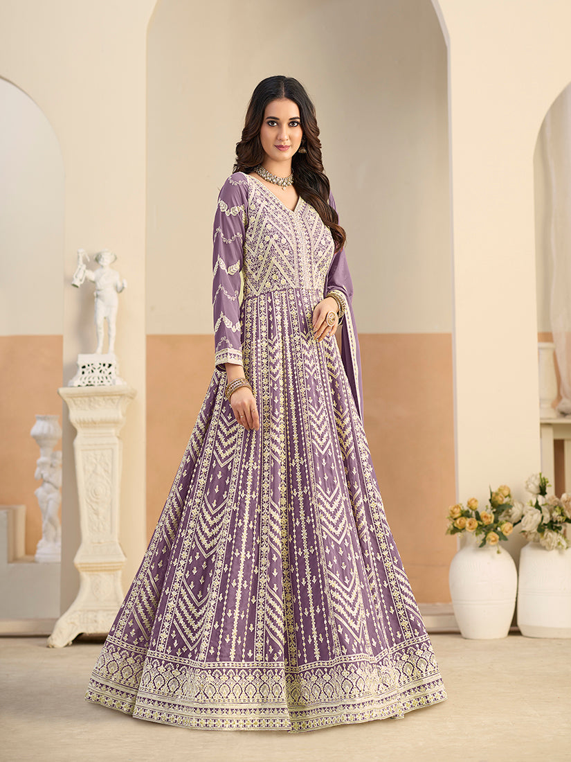 Monjolika Fashion Faux Georgette Embroidered Light Purple Anarkali Salwar Kameez | Grocsy