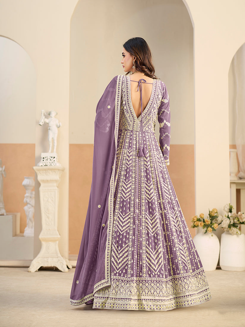Monjolika Fashion Faux Georgette Embroidered Light Purple Anarkali Salwar Kameez | Grocsy