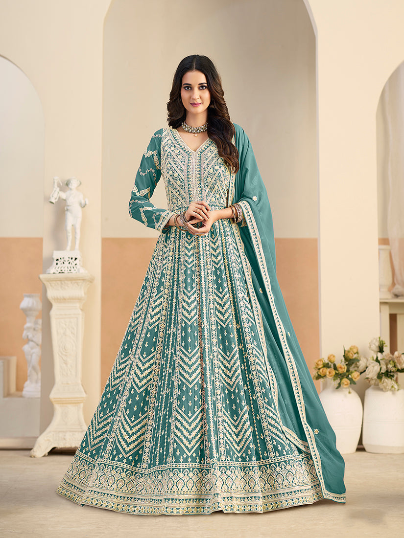 Monjolika Fashion Faux Georgette Embroidered Turquoise Anarkali Salwar Kameez | Grocsy