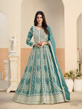 Monjolika Fashion Faux Georgette Embroidered Turquoise Anarkali Salwar Kameez | Grocsy