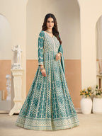 Monjolika Fashion Faux Georgette Embroidered Turquoise Anarkali Salwar Kameez | Grocsy