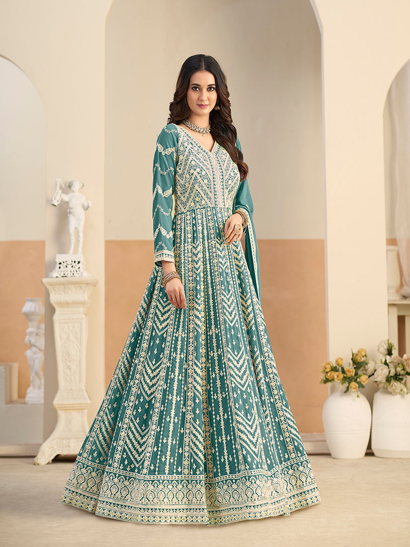 Monjolika Fashion Faux Georgette Embroidered Turquoise Anarkali Salwar Kameez | Grocsy