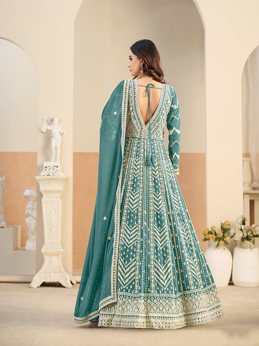Monjolika Fashion Faux Georgette Embroidered Turquoise Anarkali Salwar Kameez | Grocsy