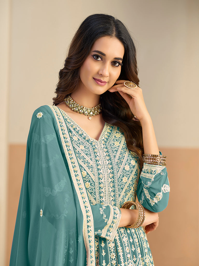 Monjolika Fashion Faux Georgette Embroidered Turquoise Anarkali Salwar Kameez | Grocsy
