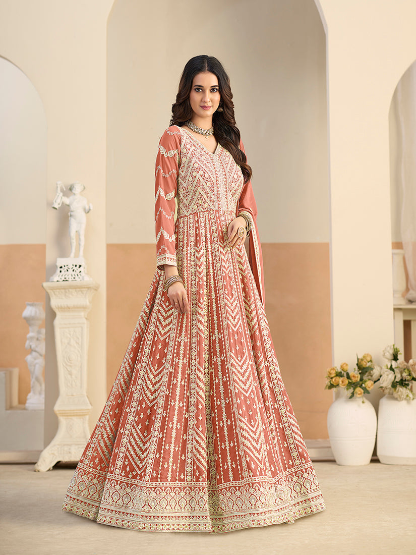 Monjolika Fashion Faux Georgette Embroidered Peach Anarkali Salwar Kameez | Grocsy