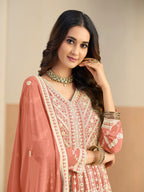 Monjolika Fashion Faux Georgette Embroidered Peach Anarkali Salwar Kameez | Grocsy