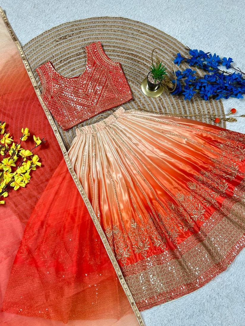 Evanik Orange Designer Chinon Silk Embroidered Work Wedding Lehenga Choli For Kids | Grocsy
