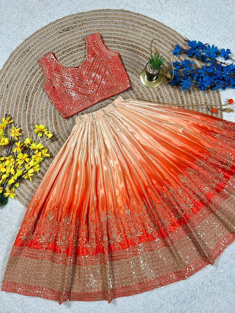 Evanik Orange Designer Chinon Silk Embroidered Work Wedding Lehenga Choli For Kids | Grocsy